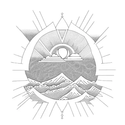 Mountains with the rising sun and rays. There are small waves at the bottom left. tattoo design idea