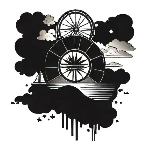 A beach sunset with a roulette wheel in the sky instead of the sun, basketball  tattoo design idea