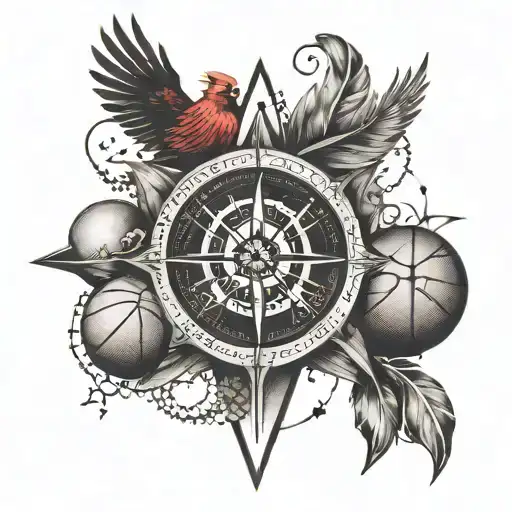 A compass rose with music symbols as the cardinal directions, incorporating a basketball in the design tattoo design idea