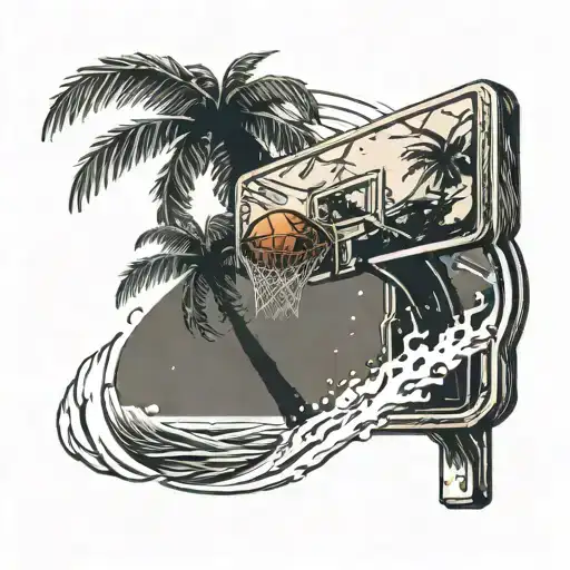 A basketball hoop on a tropical island with palm trees and waves crashing in the background, cards betting in the sand  tattoo design idea