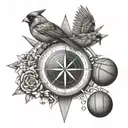 A compass rose with music symbols as the cardinal directions, incorporating a basketball in the design tattoo design idea