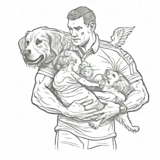 A sketch of a rugby player in the Wigan Warriors uniform, holding a newborn baby in one arm and a spaniel in the other, representing the client's interests in rugby, midwifery, and pets. tattoo design idea