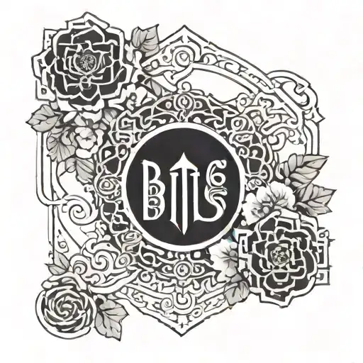 A blackwork tattoo of a BTS logo with intricate floral patterns incorporated into the design tattoo design idea