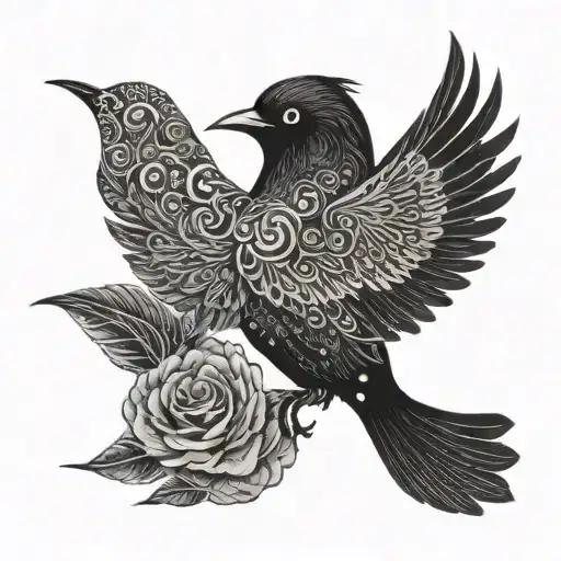 A tattoo design featuring a blackwork silhouette of a bird singing along to a BTS song tattoo design idea
