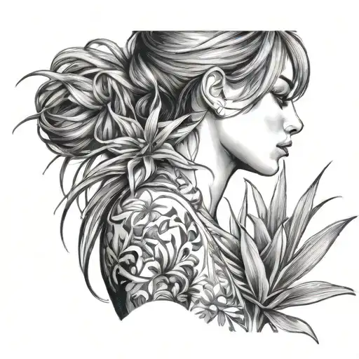 tillandsia and lonely girl side profile tattoo design idea