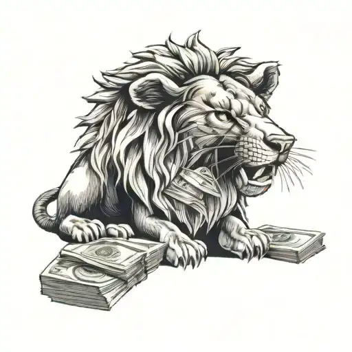 A lion holding a stack of money in its mouth tattoo design idea