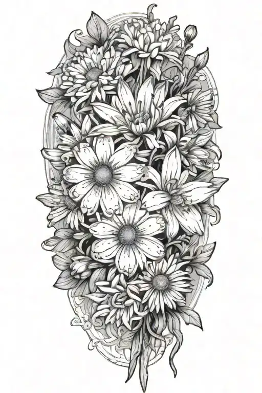 Daisy, Aster, Daffodil And Carnation Bouquet tattoo design idea