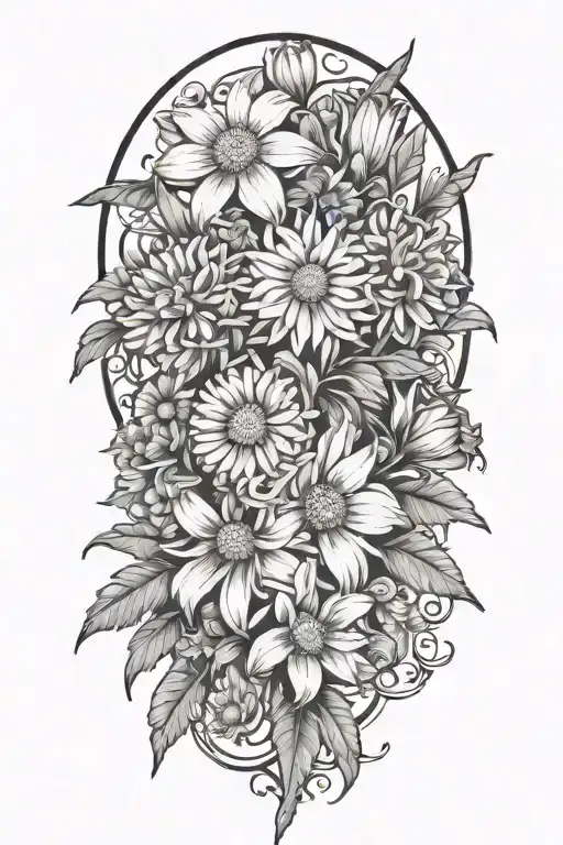 Daisy, Aster, Daffodil And Carnation Bouquet tattoo design idea