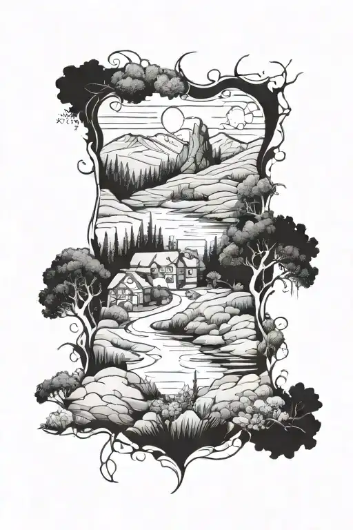 Create a sleeve tattoo with a mix of Scottish and Madeira landscapes tattoo design idea