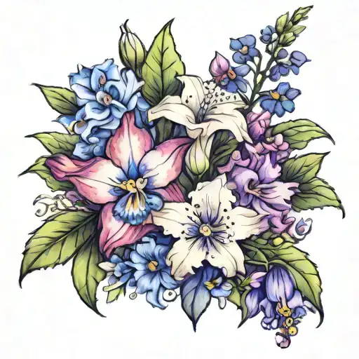 larkspur, carnation, violet, cosmo bouquet tattoo design idea
