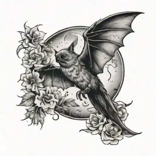 A bat looking at the moon phases contrasted with a colibri looking at sun both with the ololiuqui omorning glory flowers tattoo design idea