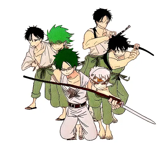 i n roronoa zoro, luffy naruto, levi ackerman, eren yeager, kakashi, minato, kurama  tattoo design idea