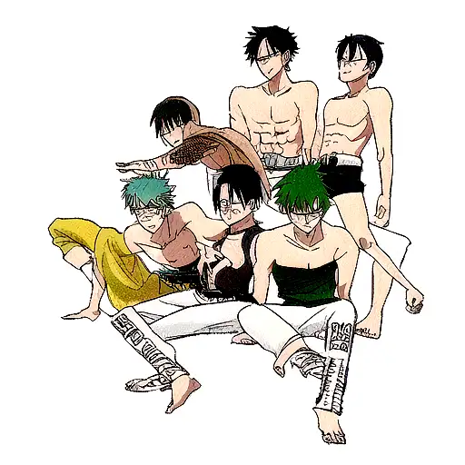 i need to design tattoo combine with roronoa zoro, luffy naruto, levi ackerman, eren yeager, kakashi, minato, kurama  tattoo design idea