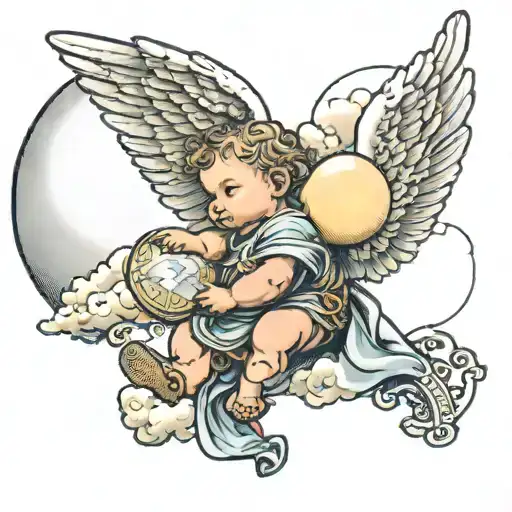 Baby angel with some clouds around him Carrying a cross, then a blimp that says the world is your in the middle  tattoo design idea