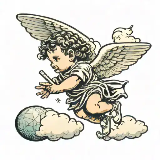 Baby angel with some clouds around him Carrying a cross, then a blimp that says the world is your in the middle  tattoo design idea