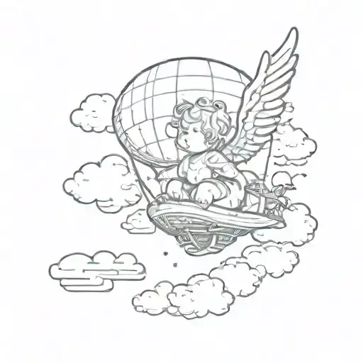 Baby angel with some cloud and I cross with a blimp that says the world is yours  tattoo design idea