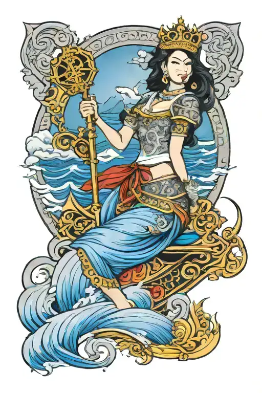 beautiful thai woman holding Shield, Thai style crown, incorporate sailboat sailing in the sea in the background tattoo design idea