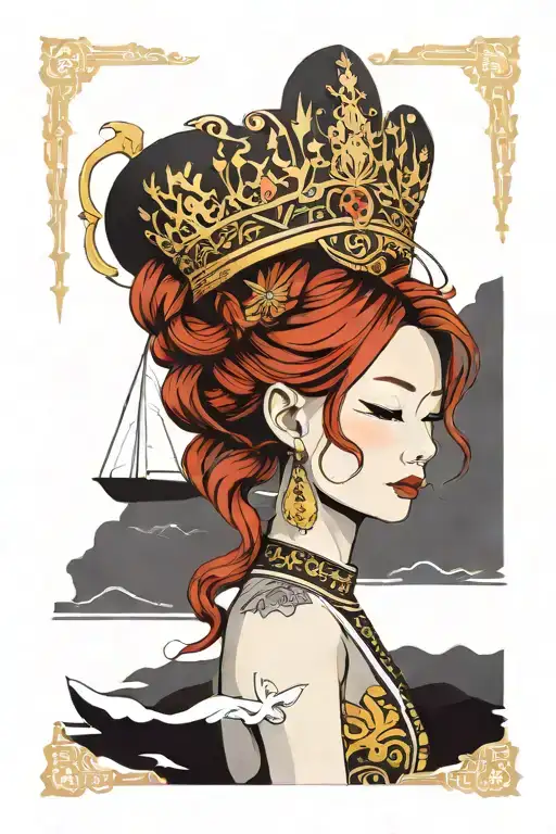 redhair maiden wearing golden Thai crown, traditional Thai dress and incorporate japanese waves and sail boat background tattoo design idea
