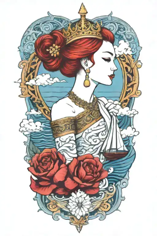 redhair goddess thai golden crown incorporate blue sea and sailboat in the background tattoo design idea