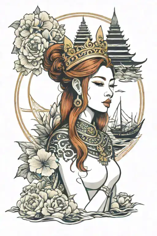 redhair maiden wearing golden Thai crown, traditional Thai deeas and incorporate japanese tide and sail boat background tattoo design idea