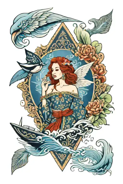 redhead Angel wearing Thai dress  incorporate blue high tide and sail boat tattoo design idea
