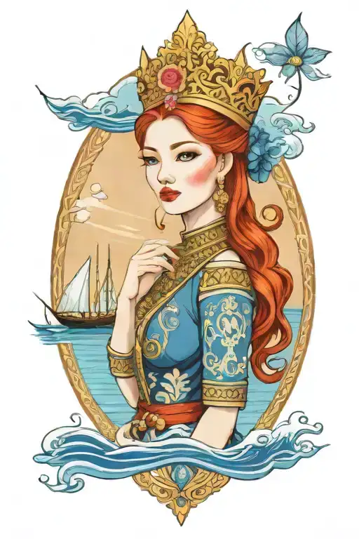 redhead woman wearing Thai crown and dress incorporate blue high tide and sail boat tattoo design idea
