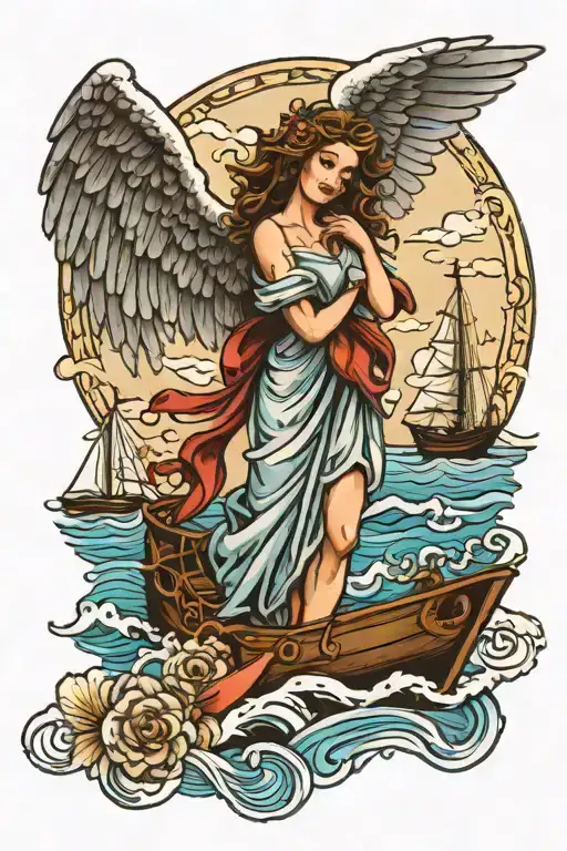 Angel  incorporate blue high tide and sail boat tattoo design idea