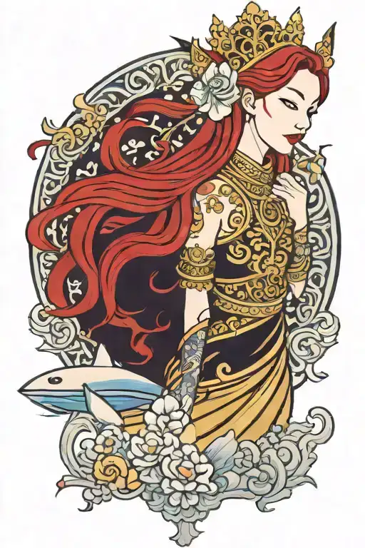 redhair maiden wearing golden Thai crown, traditional Thai deeas and incorporate japanese tide and sail boat background tattoo design idea