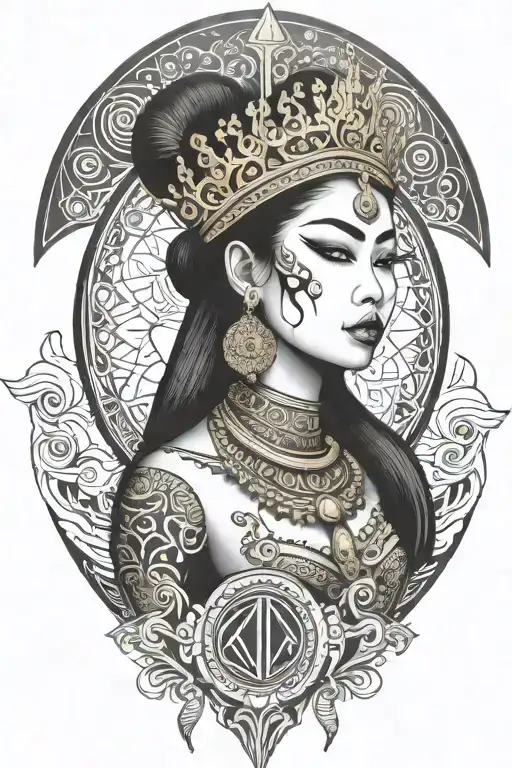 Thai maiden warrior incorporate sail boat in the background, Gold crown tattoo design idea