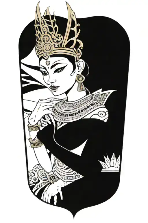 Thai maiden warrior incorporate sail boat in the background, Gold crown tattoo design idea