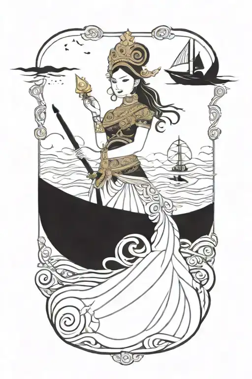 Thai maiden warrior incorporate sail boat in the background, Gold crown tattoo design idea