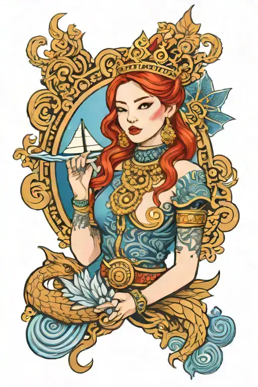 redhead woman wearing Thai crown and dress incorporate blue high tide and sail boat tattoo design idea