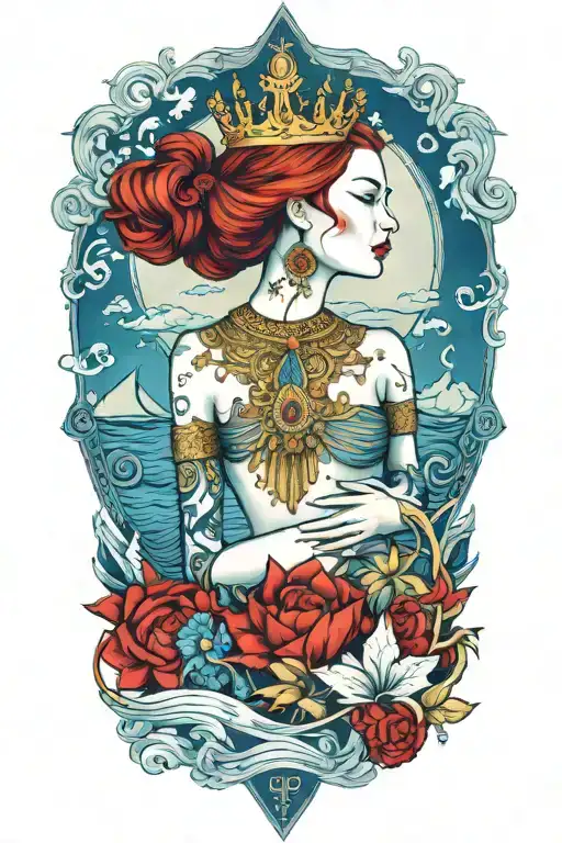 redhair goddess thai golden crown incorporate blue sea and sailboat in the background tattoo design idea