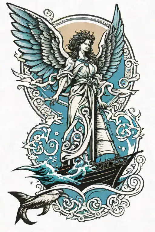Angel  incorporate blue high tide and sail boat tattoo design idea