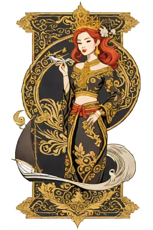 redhair maiden wearing golden Thai crown, traditional Thai dress and incorporate japanese waves and sail boat background tattoo design idea