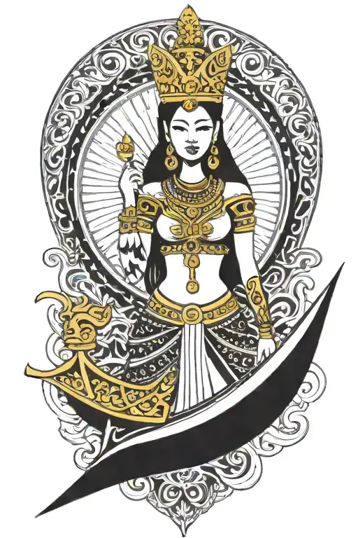 Thai maiden warrior incorporate sail boat in the background, Gold crown tattoo design idea