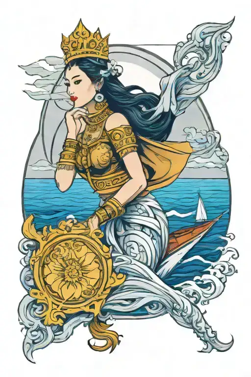 beautiful thai woman holding Shield, Thai style crown, incorporate sailboat sailing in the sea in the background tattoo design idea