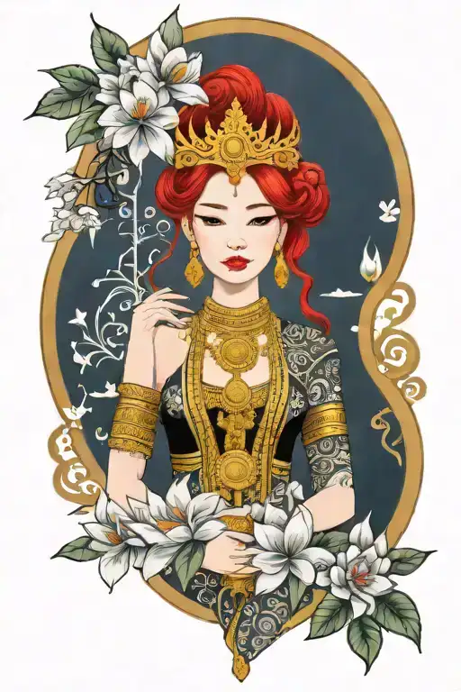 redhair maiden wearing golden Thai crown, traditional Thai deeas and incorporate japanese waves and sail boat background tattoo design idea