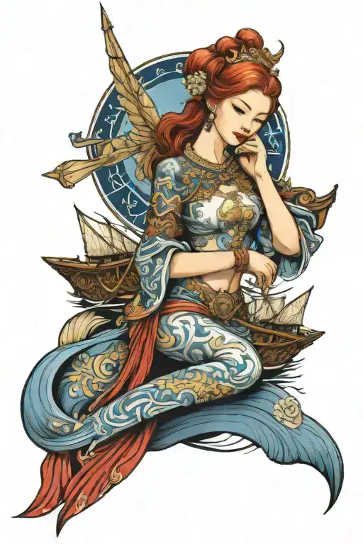 redhead Angel wearing Thai dress  incorporate blue high tide and sail boat tattoo design idea