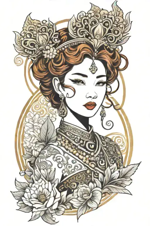 redhair maiden wearing golden Thai crown, traditional Thai dress and incorporate japanese waves and sail boat background tattoo design idea