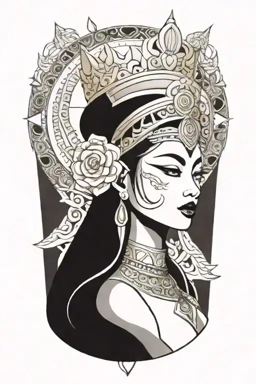 Thai maiden warrior incorporate sail boat in the background, Gold crown tattoo design idea