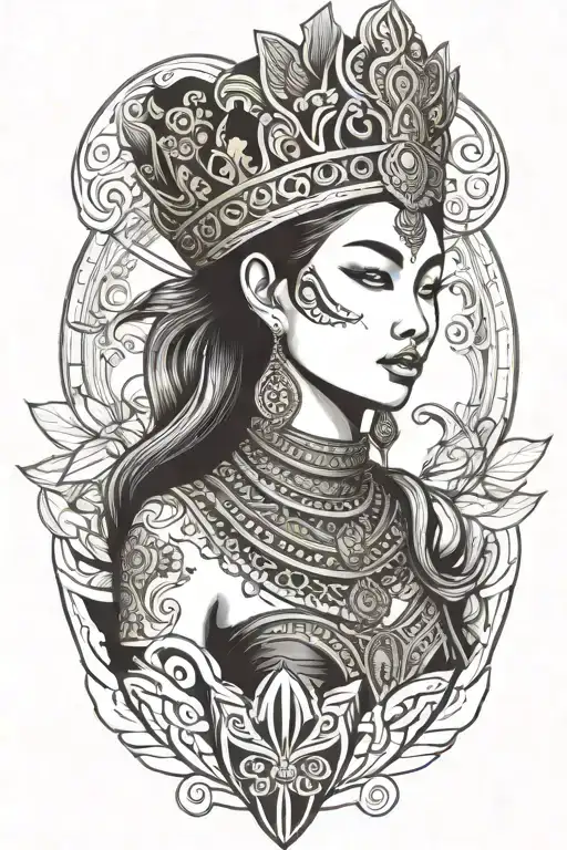 Thai maiden warrior incorporate sail boat in the background, Gold crown tattoo design idea