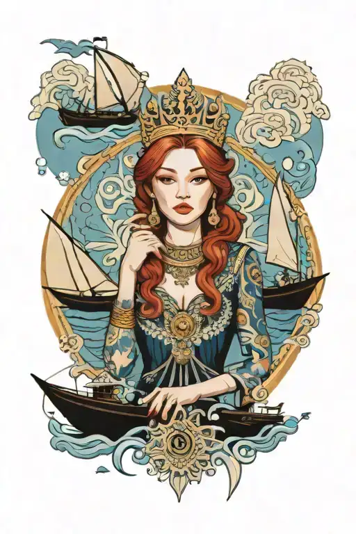 redhead woman wearing Thai crown and dress incorporate blue high tide and sail boat tattoo design idea