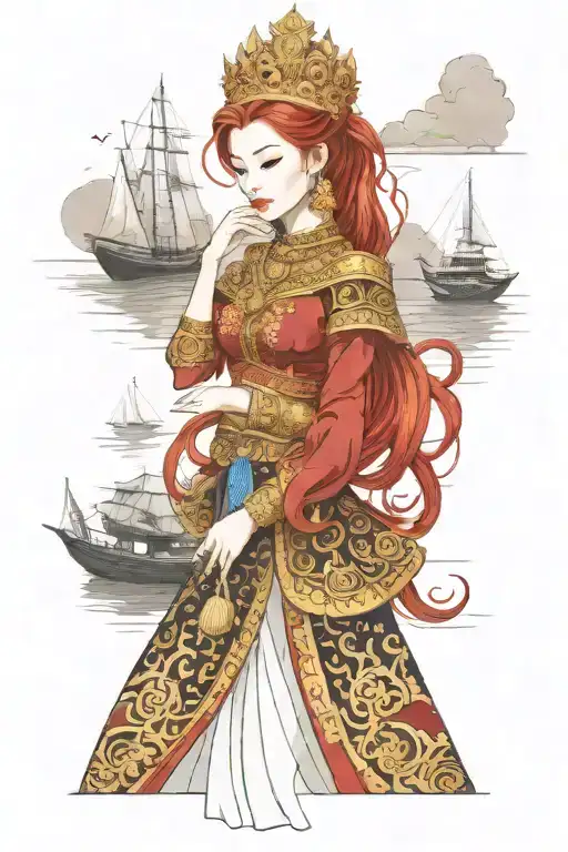 redhair maiden, golden Thai crown, traditional Thai dress. incorporate tides and sail boat background tattoo design idea