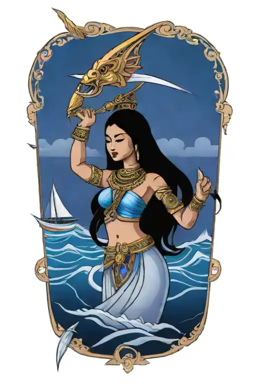 Thai Goddess warrior incorporate sail boat in the background tattoo design idea