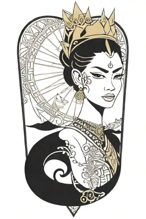 Thai maiden warrior incorporate sail boat in the background, Gold crown tattoo design idea