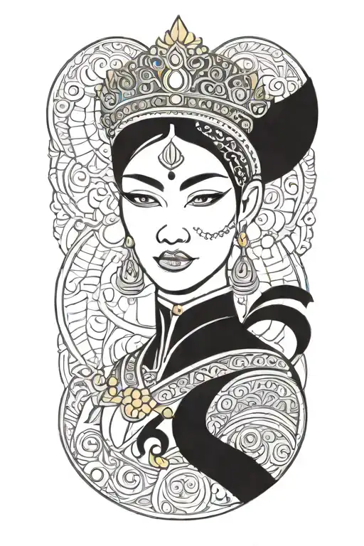 Thai maiden warrior incorporate sail boat in the background, Gold crown tattoo design idea