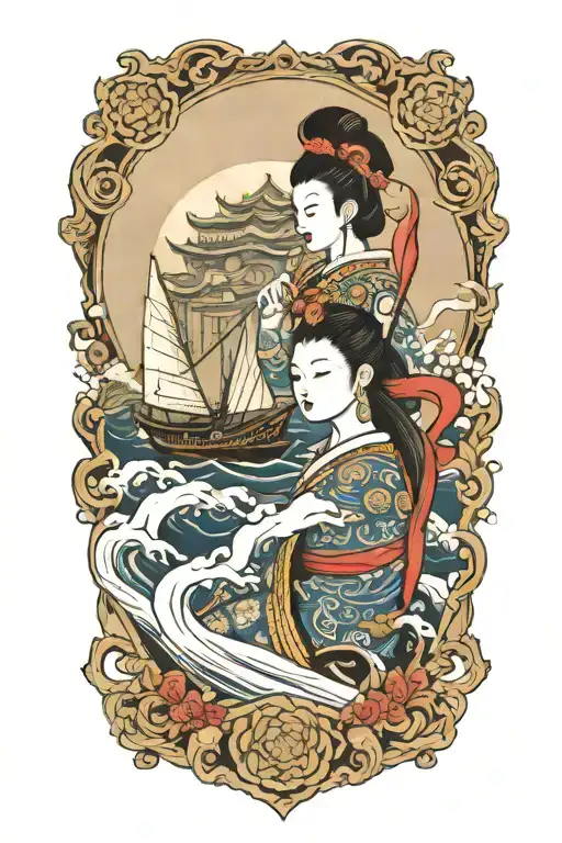 Thai Goddess warrior incorporate sail boat in the background tattoo design idea