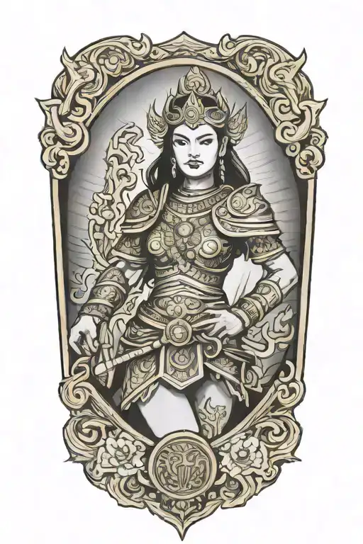 thai female warrior Golden Shield  tattoo design idea