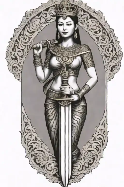 thai maiden wearing golden crown, holding sword and shield  tattoo design idea